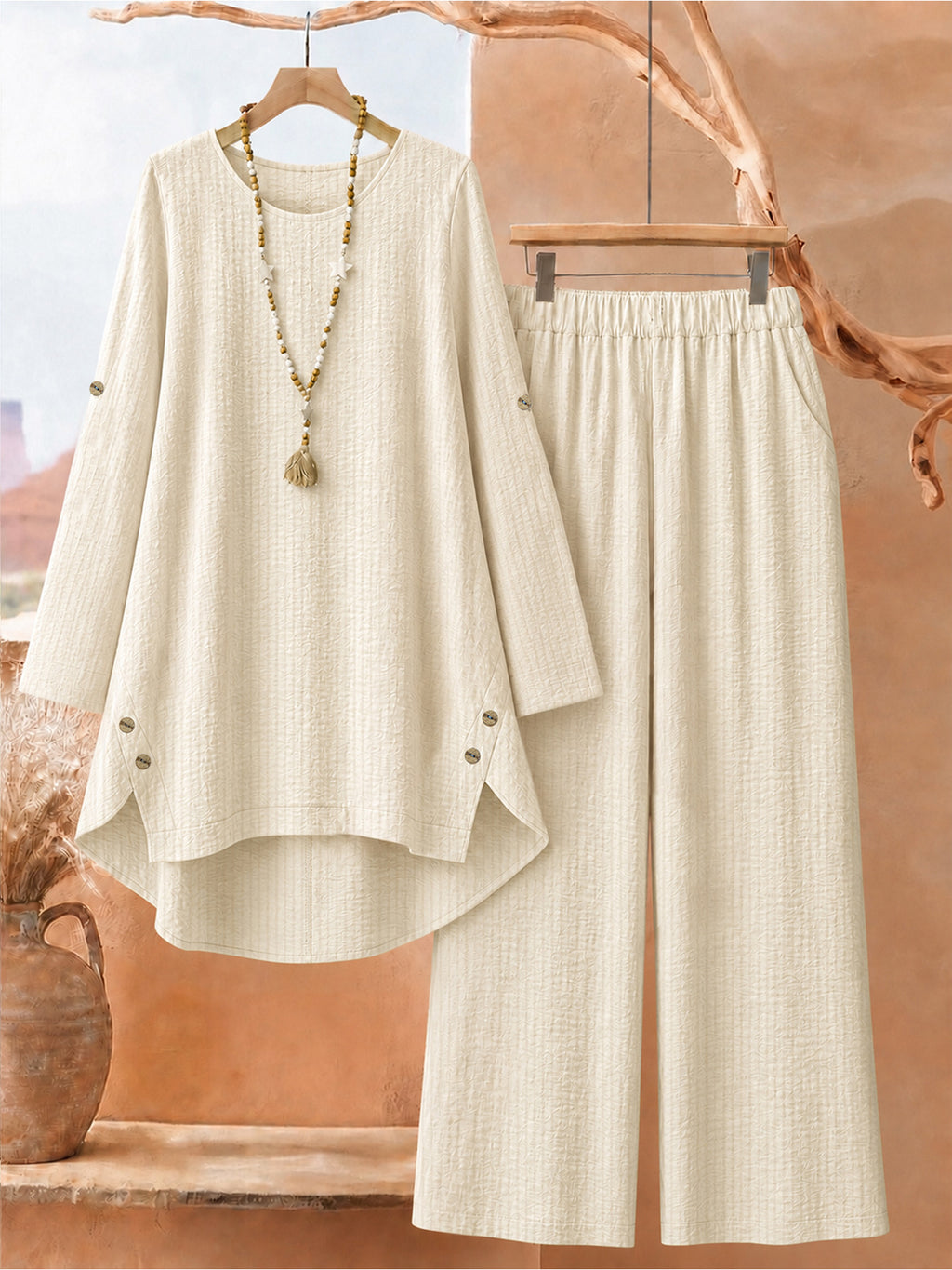 Women's Fashion Solid Color Irregular Hem Design Top and Wide-Leg Pants 2pcs Set, Textured Fabric, Loose Fit,, Artistic Style Casual Outfit - Apricot
