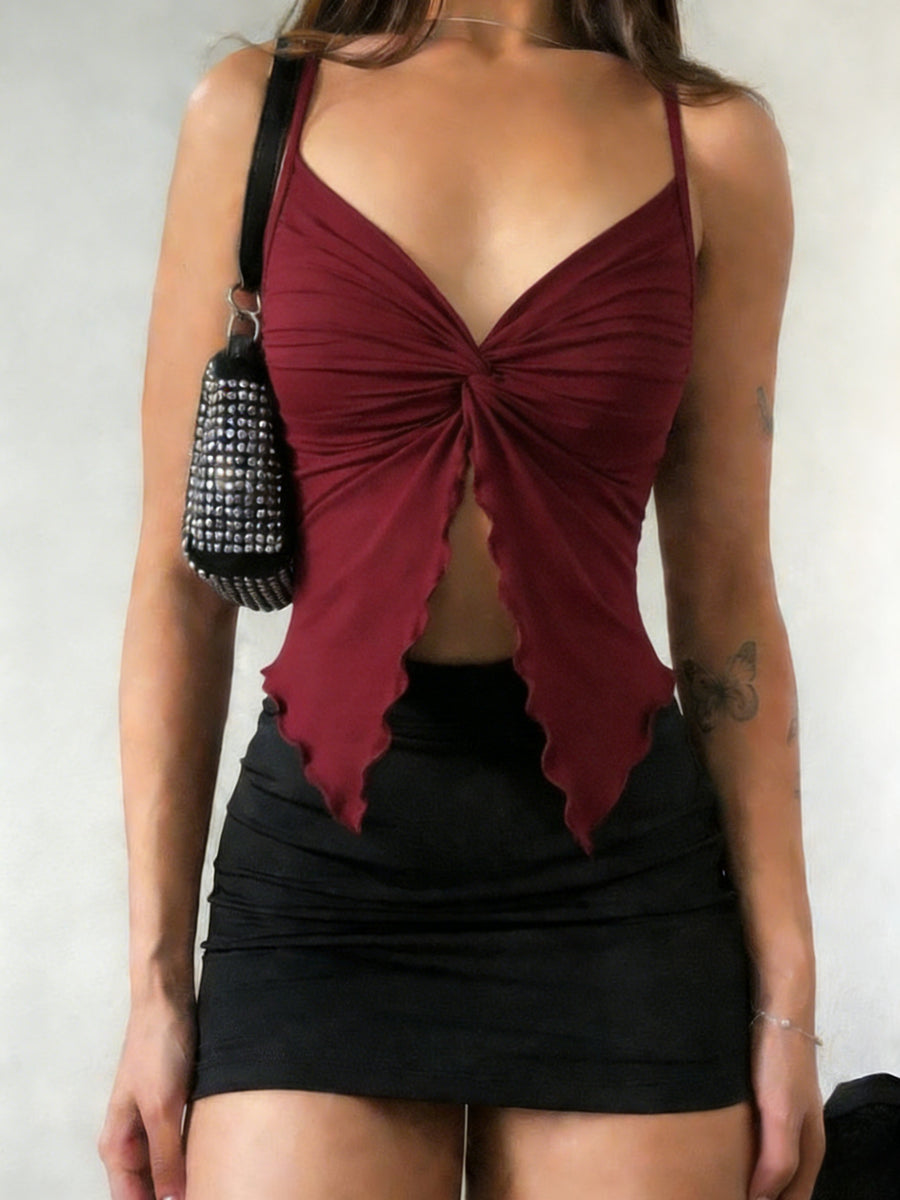 1pc Women'S Front-Slit Hem Camisole Top, Vacation Style, Design-Oriented Sexy Solid-Color Tank Top, Summer Cute Top Single Piece - Burgundy
