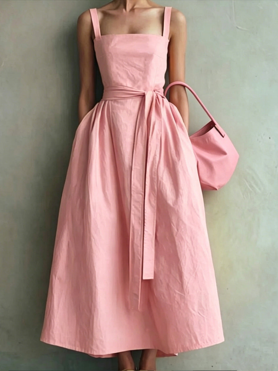 Simple Style Sleeveless Waist-Cinching Dress for Women, Summer Maxi Flared Bridesmaid Dress Gown - Pink