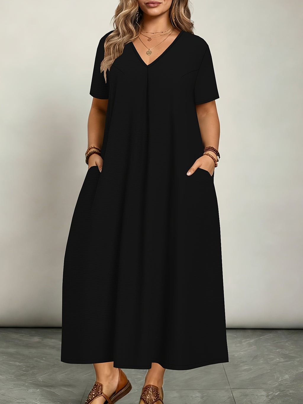Plus Size - Plus Size - Women'S Elegant Casual Versatile Solid Color Dress, Vacation Style, Plus Size Women'S Clothing - Black