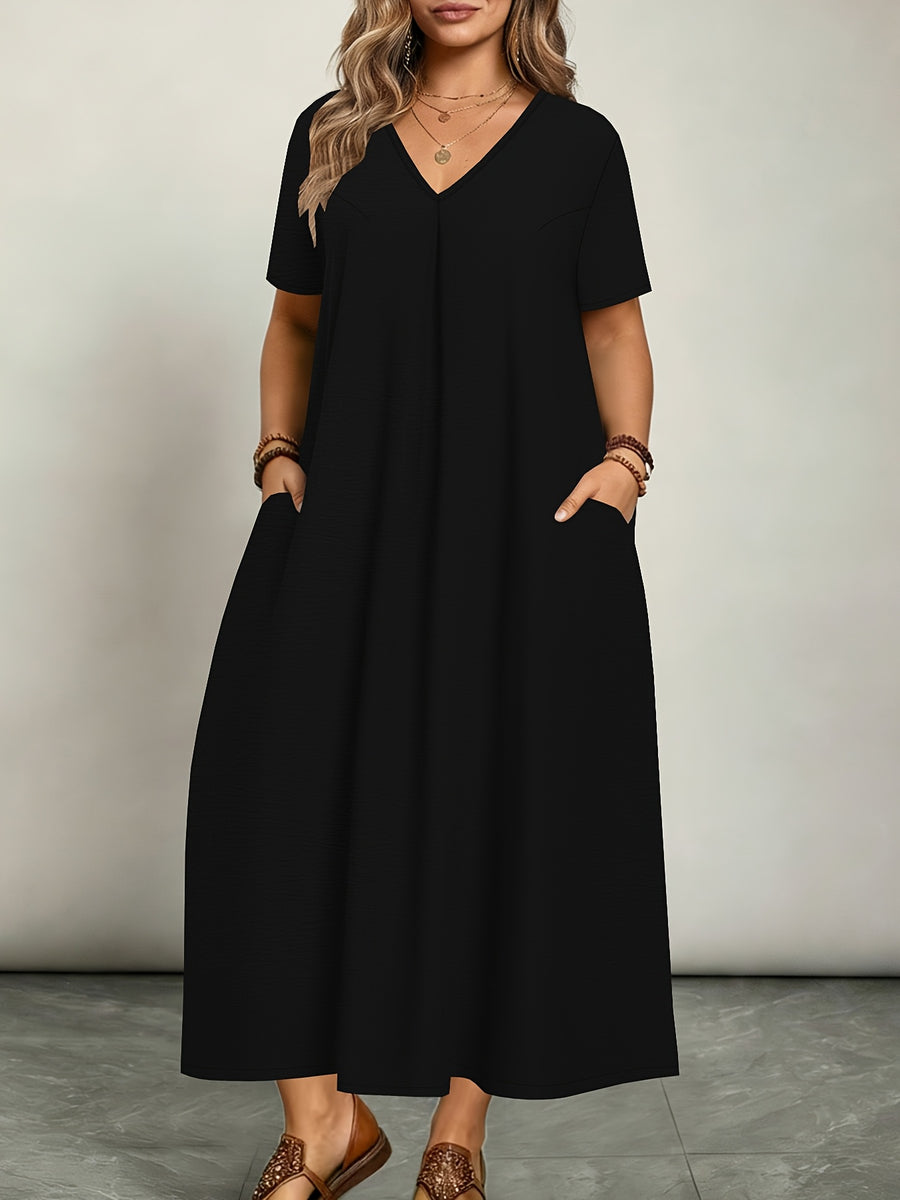 Plus Size - Plus Size - Women'S Elegant Casual Versatile Solid Color Dress, Vacation Style, Plus Size Women'S Clothing - Black