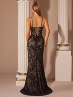Women' Elegant V-Neck Backless Evening Gown with Strap & Random Leaf Embellishment - Form-Fitting Party Dress Suitable for Weddings, Proms, Galas - Machine Washable Solid Color Dress - Black