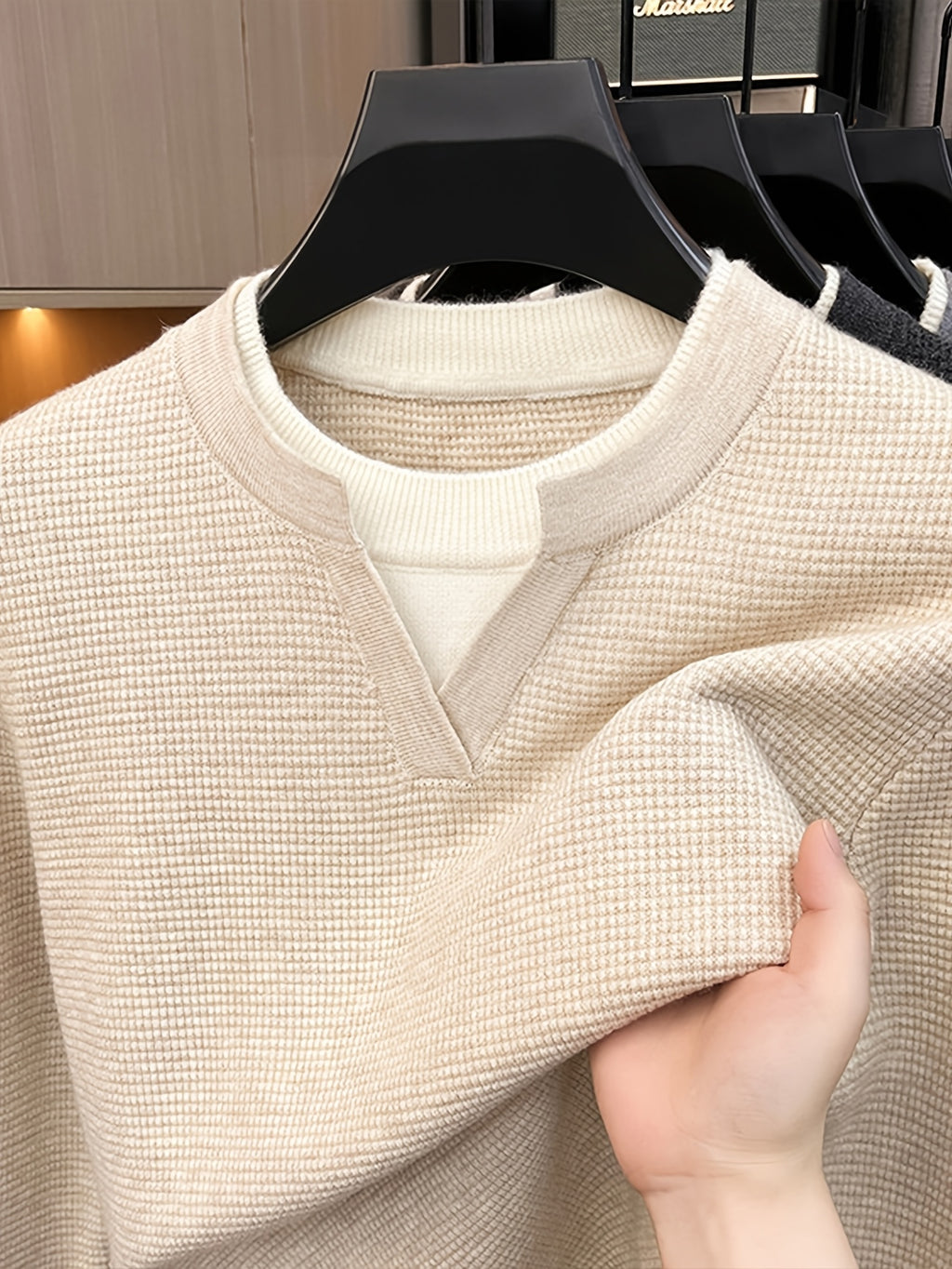 Men'S Waffle Fake Two-Piece V-Neck Knit Long Sleeve Top, Burgundy And White Contrast, Focus on Atmospheric Autumn Casual Wear - SINBOS - Beige Color