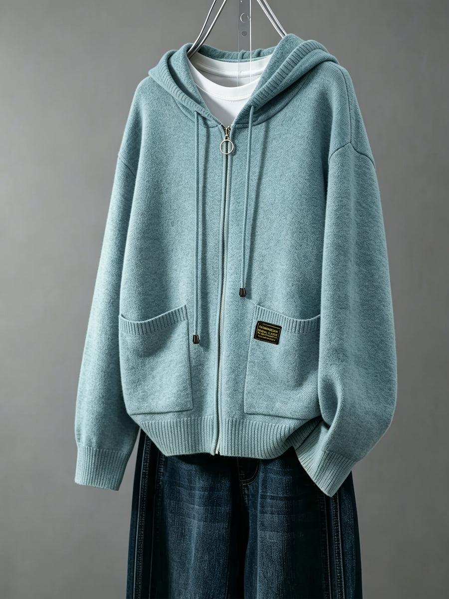 Women's Cardigan, Spring/Autumn Lazy Style Sweater Jacket, Loose Fit Outerwear Hooded Top - Gray Blue
