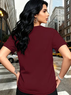 Color Series - Multicolor Light And Dark Gradient Easy Fresh Style Rose Pattern Printed T-Shirt, Casual Outing Wear, Single Wear Or Layered with Jacket, Multi-Layered, Suitable for Travel Vacation, Casual, Free And Unrestrained, Sister Outfit - Red