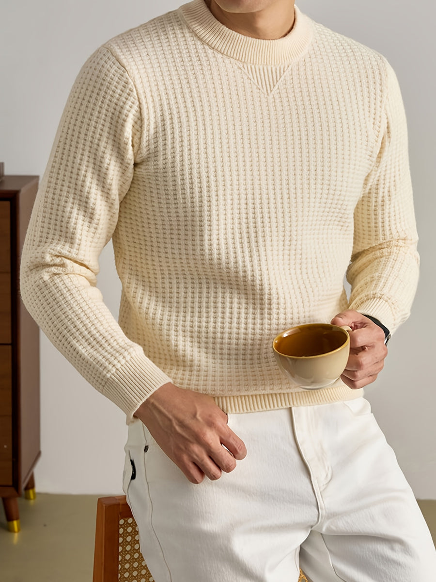 Men'S Waffle Knit Round Neck Sweater, Full Waffle Texture Jacquard Checkered Knit, Strong Three-Dimensional Feel, Thicker Than Regular Plain Knit, Better Warmth - SINBOS - Ivory White