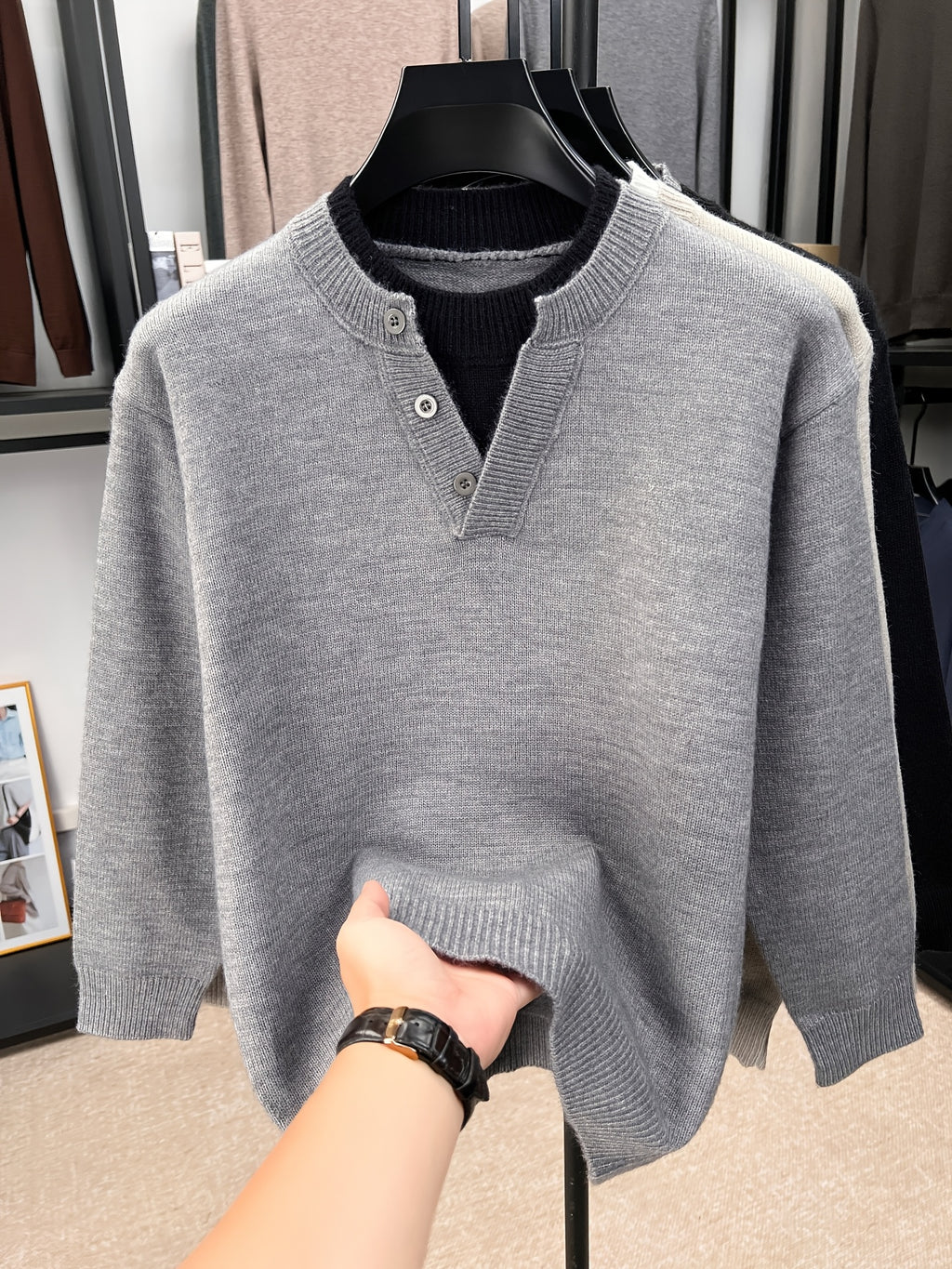 [Wading Whale OBM] 1pc Autumn Winter New Men'S Knit Pullover Sweater, Old Money Style Contrast Striped Faux Two-Piece Patchwork Round Neck Long Sleeve Knit Pullover Sweater for Men, Business Casual Fashion Striped Sweater, Suitable for Spring - Grey