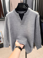 [Wading Whale OBM] 1pc Autumn Winter New Men'S Knit Pullover Sweater, Old Money Style Contrast Striped Faux Two-Piece Patchwork Round Neck Long Sleeve Knit Pullover Sweater for Men, Business Casual Fashion Striped Sweater, Suitable for Spring - Grey