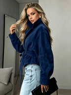 New Cross-Border Women'S Fashionable Elegant Women'S Early Autumn Tie-Up Solid Color Long Sleeve Coat - Navy blue color
