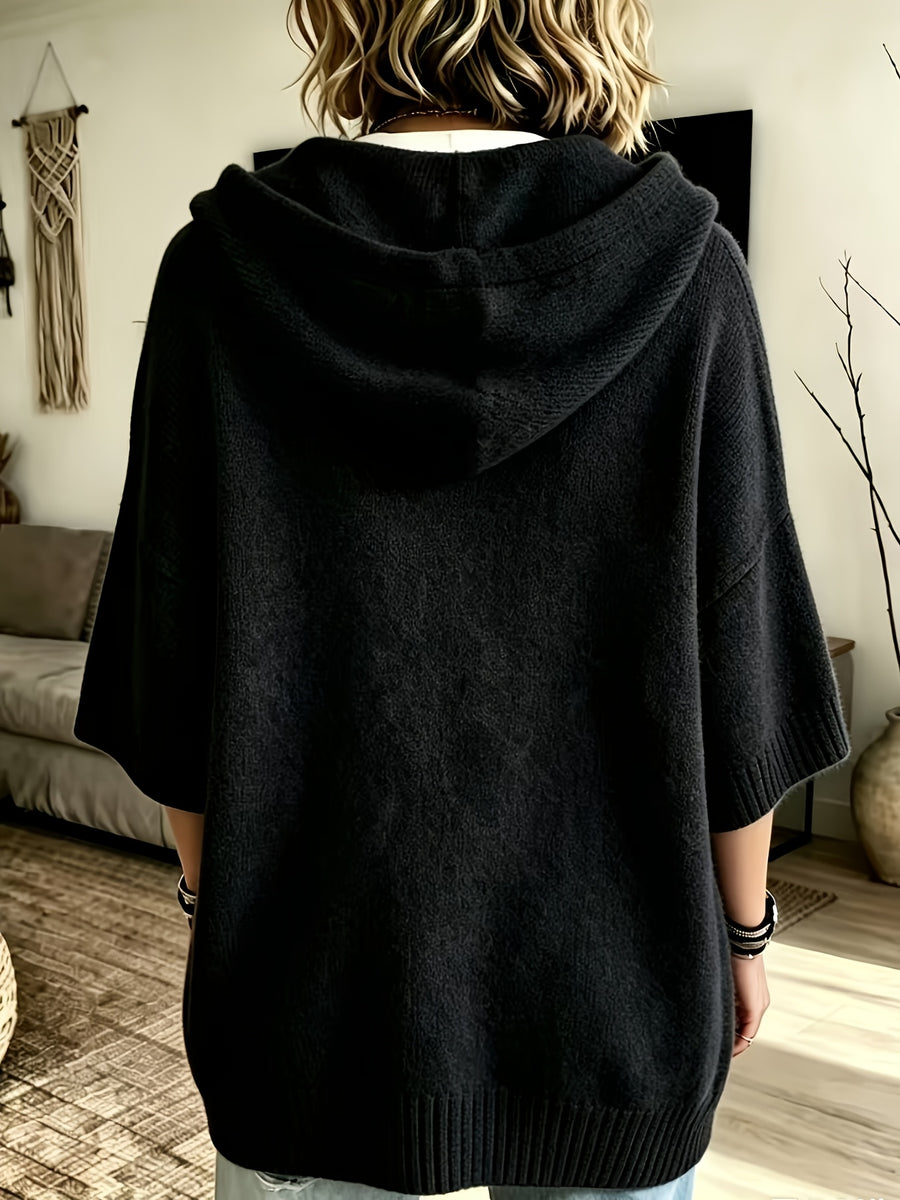 Women's Elegant Casual Three-Quarter Sleeve Drawstring Hooded Sweatshirt - Black
