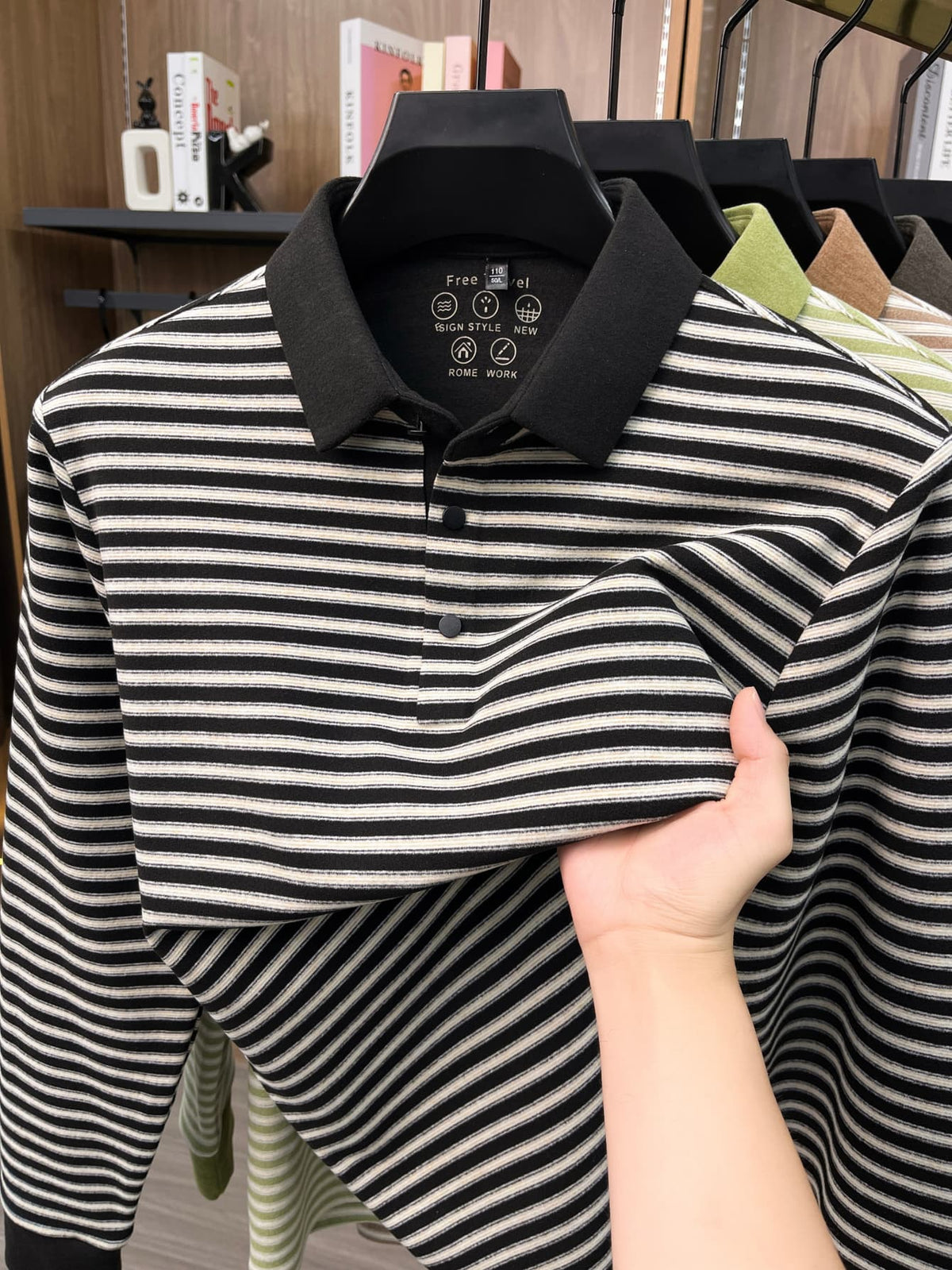 Men's Thin Striped Lapel Long Sleeve Polo Top, Wrinkle Free Loose Casual Long Sleeve T-Shirt, Business Basic Apparel for Middle-aged Dads, Spring Autumn Clothes for Golf, Fishing, Tennis Daily Wear - Black