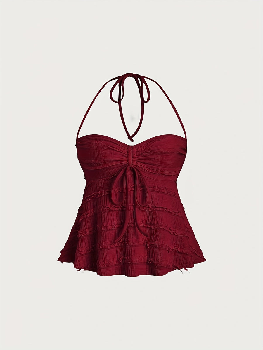 Niannian's Choice Solid Color Drawstring Halter Neck Backless Sexy Tank Top - Burgundy