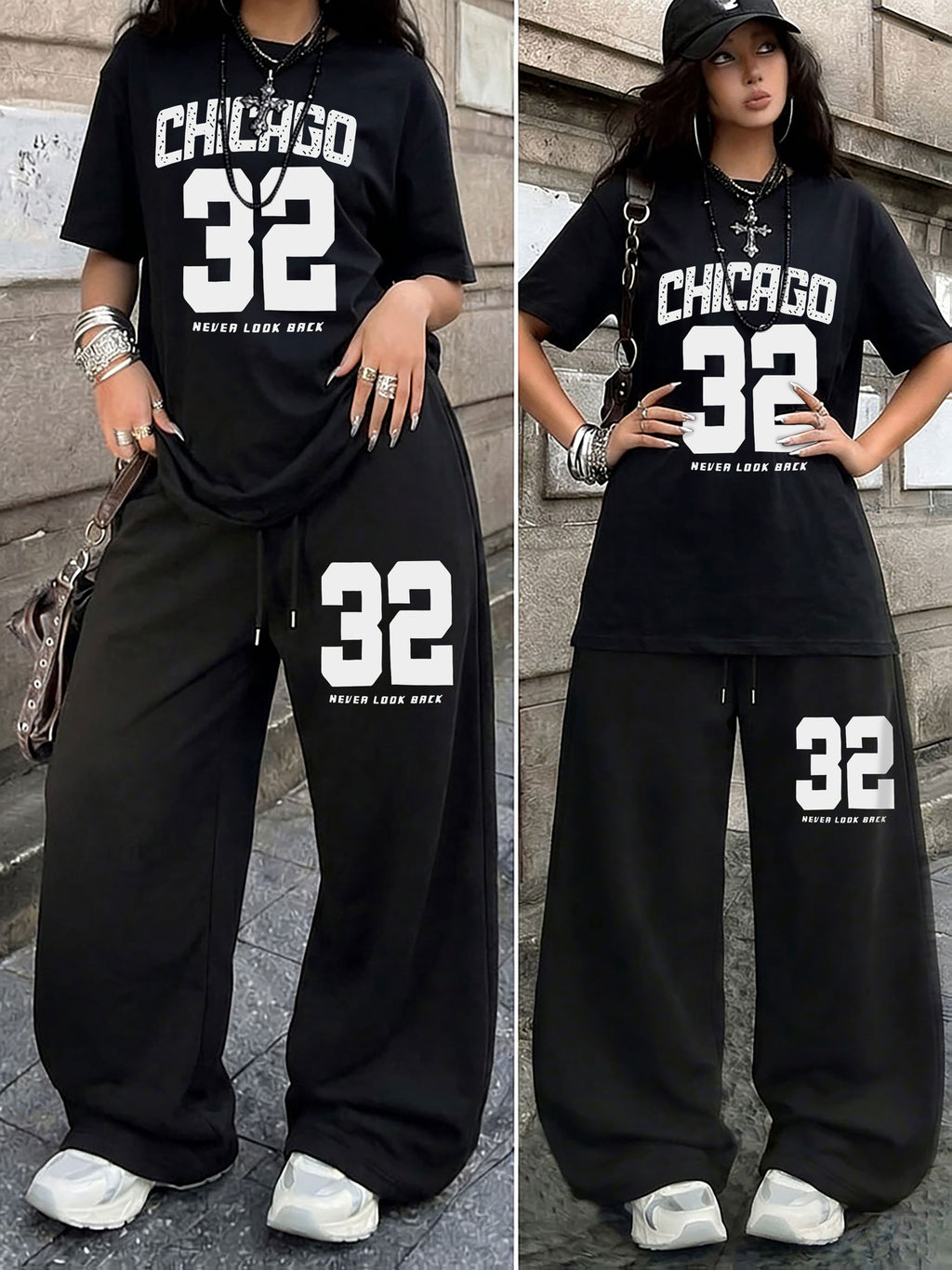 Women'S Casual Street Style No. 23 Print Round Neck Short Sleeve And Loose Drawstring Trousers, Women'S Trendy Suit, Suitable for Summer Street Wear - Black+black