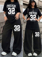 Women'S Casual Street Style No. 23 Print Round Neck Short Sleeve And Loose Drawstring Trousers, Women'S Trendy Suit, Suitable for Summer Street Wear - Black+black