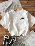 Hand-Drawn Style, Double-Sided Printed Short Sleeve Round Neck T-Shirt, Orca And Ocean Theme - White