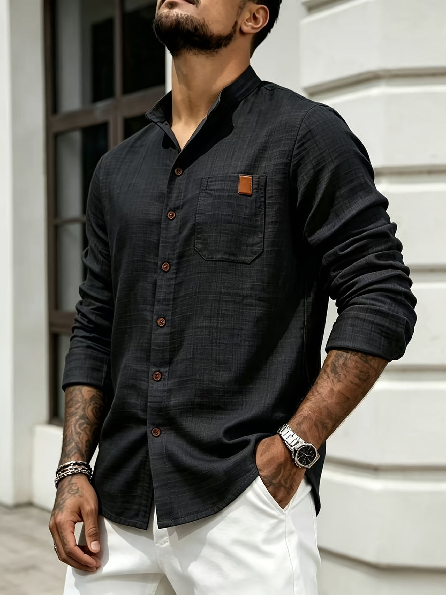 Men's Simple Solid Color Shirt with Stand Collar and Long Sleeves - Black