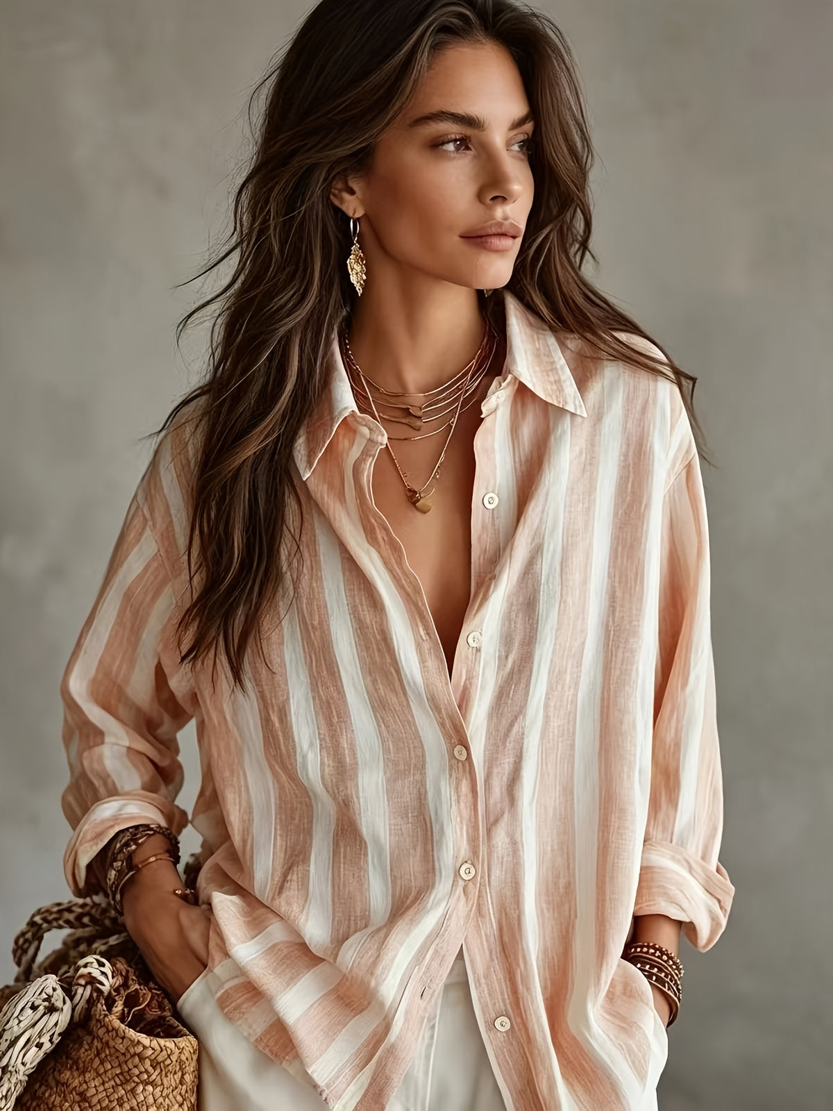 Vintage Vertical Striped Shirt, Women'S Loose Lapel Casual Versatile Open Front Top - Peach