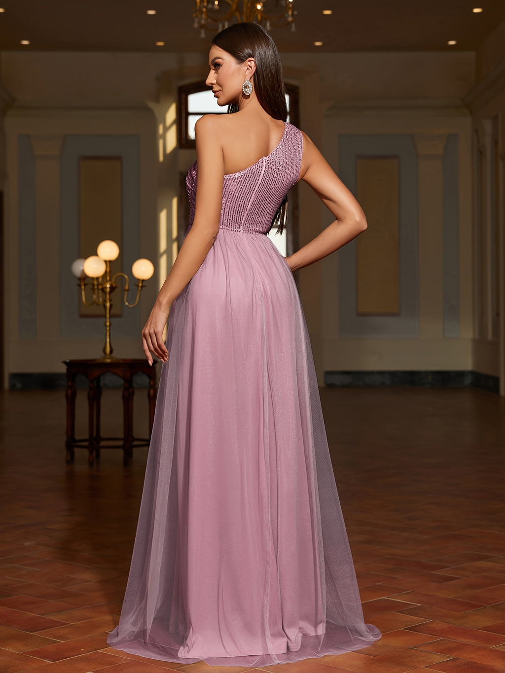 One-shoulder Sequin Patchwork Mesh Dress, Family Gathering Birthday Party Dress, Elegant and Fashionable Dress, Women's Long Dress, Party Dress, New Style, Women's Evening Gown, Host Performance Dress, Bridesmaid Dress, Prom Evening Gown - Dirty Pink