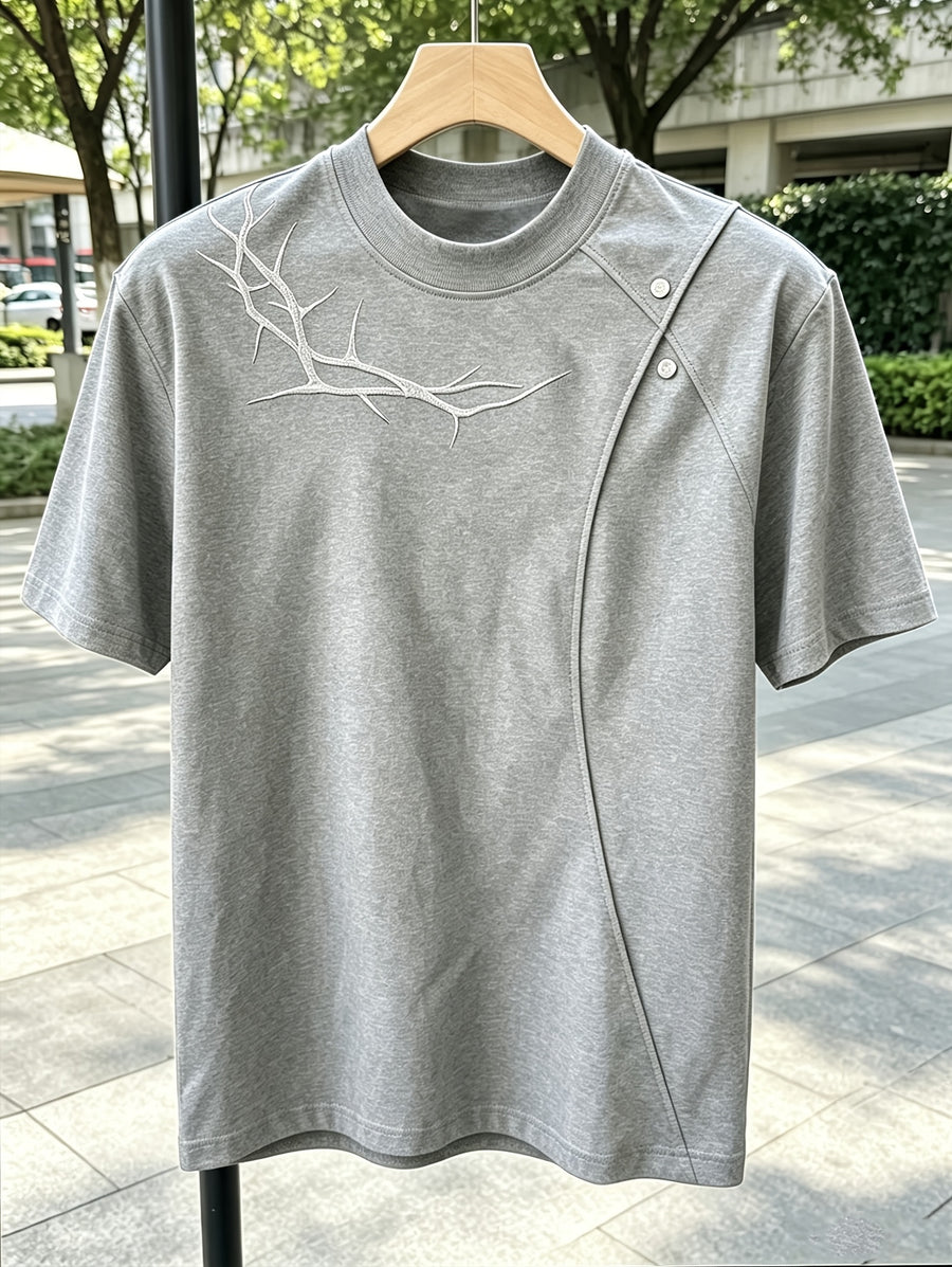 Men'S Casual Sports T-Shirt Rivet Patchwork Thorn Embroidery Short Sleeve Summer Cool Premium Shoulder Top in Stock - Grey