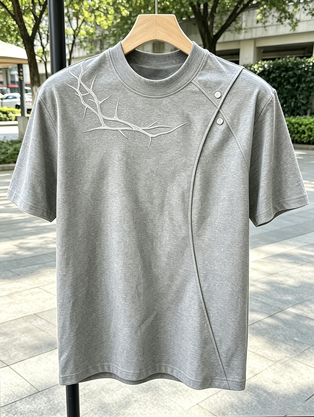 Men'S Casual Sports T-Shirt Rivet Patchwork Thorn Embroidery Short Sleeve Summer Cool Premium Shoulder Top in Stock - Grey
