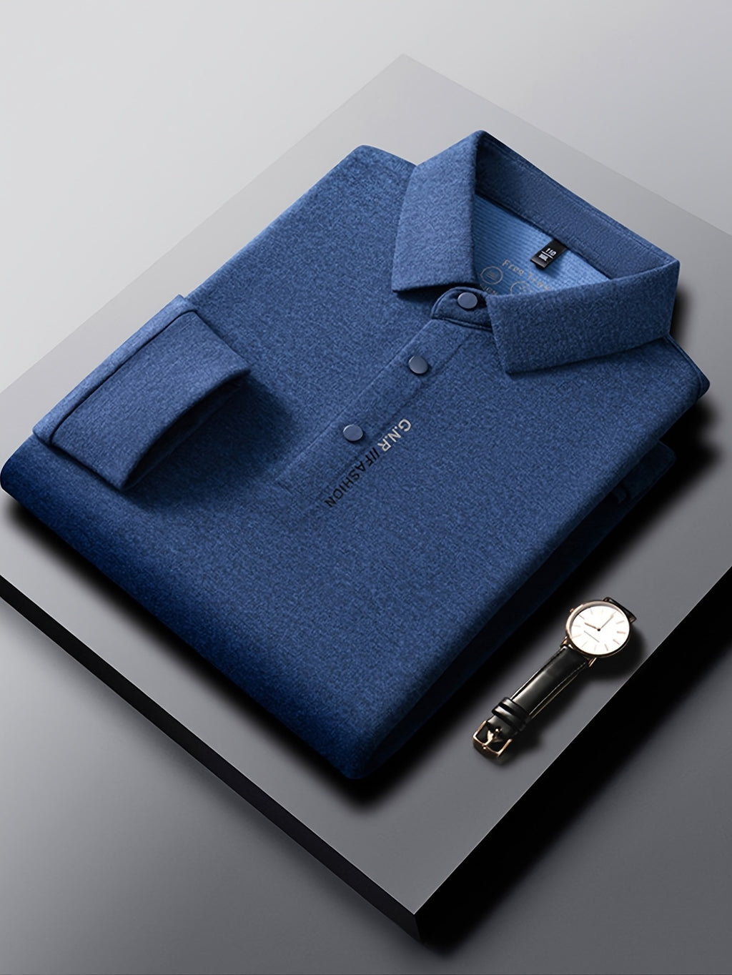 Men'S Lapel Long Sleeve Polo Shirt, Classic Small Lapel, 3-Button Placket, Business Commute And Casual Wear - SINBOS - Dark Blue