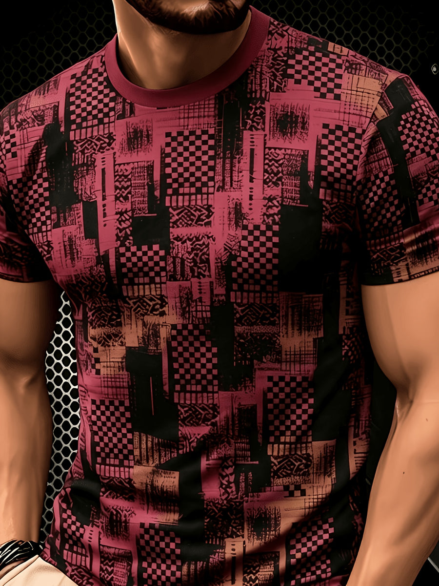 2026 Men'S All-Match Breathable Comfortable New Casual Top, Black Gray Blue Plaid Patchwork Print T-Shirt, Men'S Round Neck Short Sleeve Business Casual Top, Low-Key Premium, Plaid Patchwork, Abstract Lines, Dark Tone Texture, Daily Casual Wear - Style 12