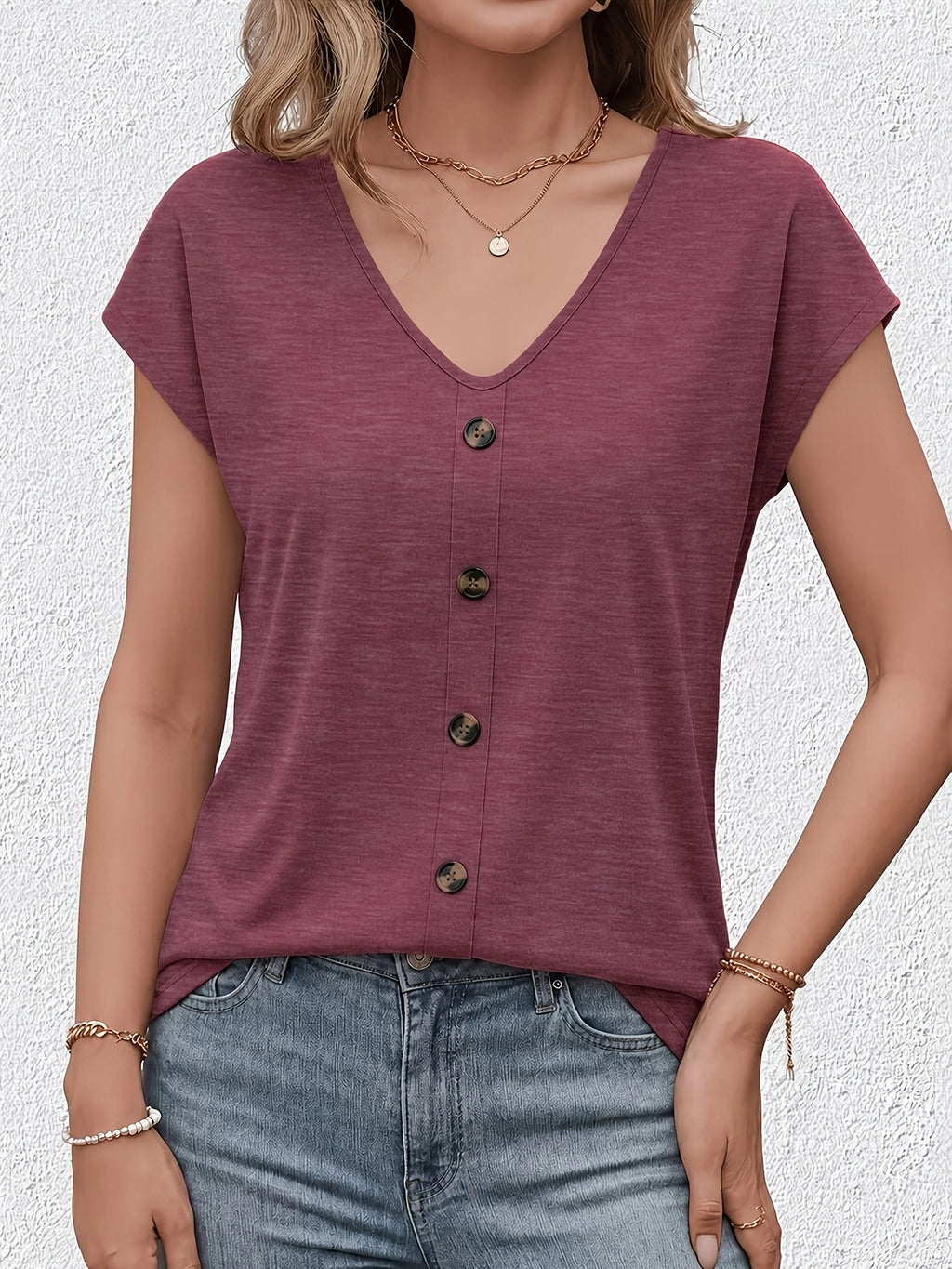 New Summer Women's V-Neck Fake Button Covered Sleeve T-Shirt, Solid Color Casual Top, Machine Washable - Suitable for Daily and Home Wear - Fuchsia