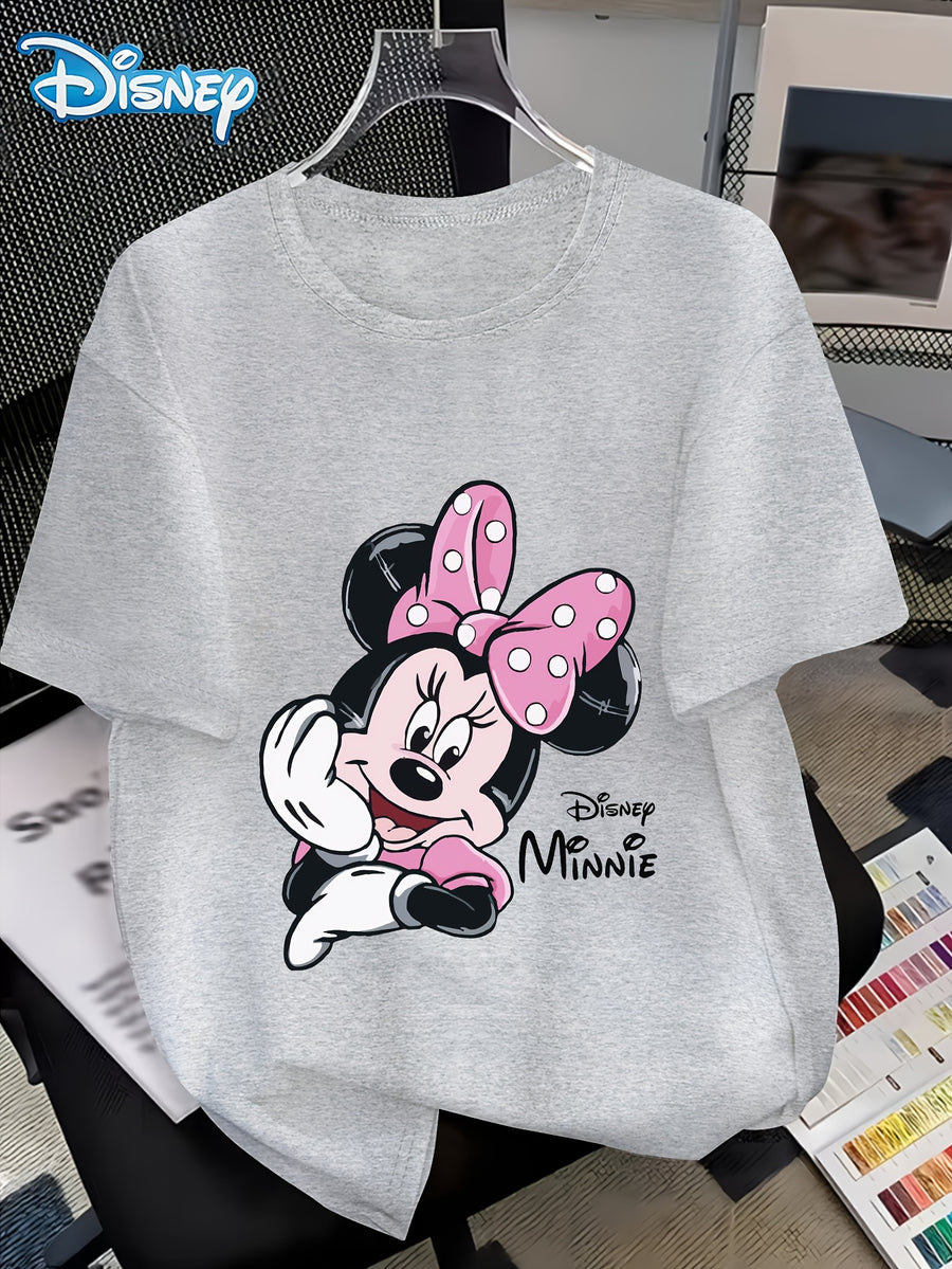 Disney Minnie with a Smile on Her Cheek Printed Fashion Women'S Round Neck Casual T-Shirt, Comfortable Fabric Short Sleeved, Round Neck Women'S T-Shirt, Worn in Spring And Summer - Light Grey