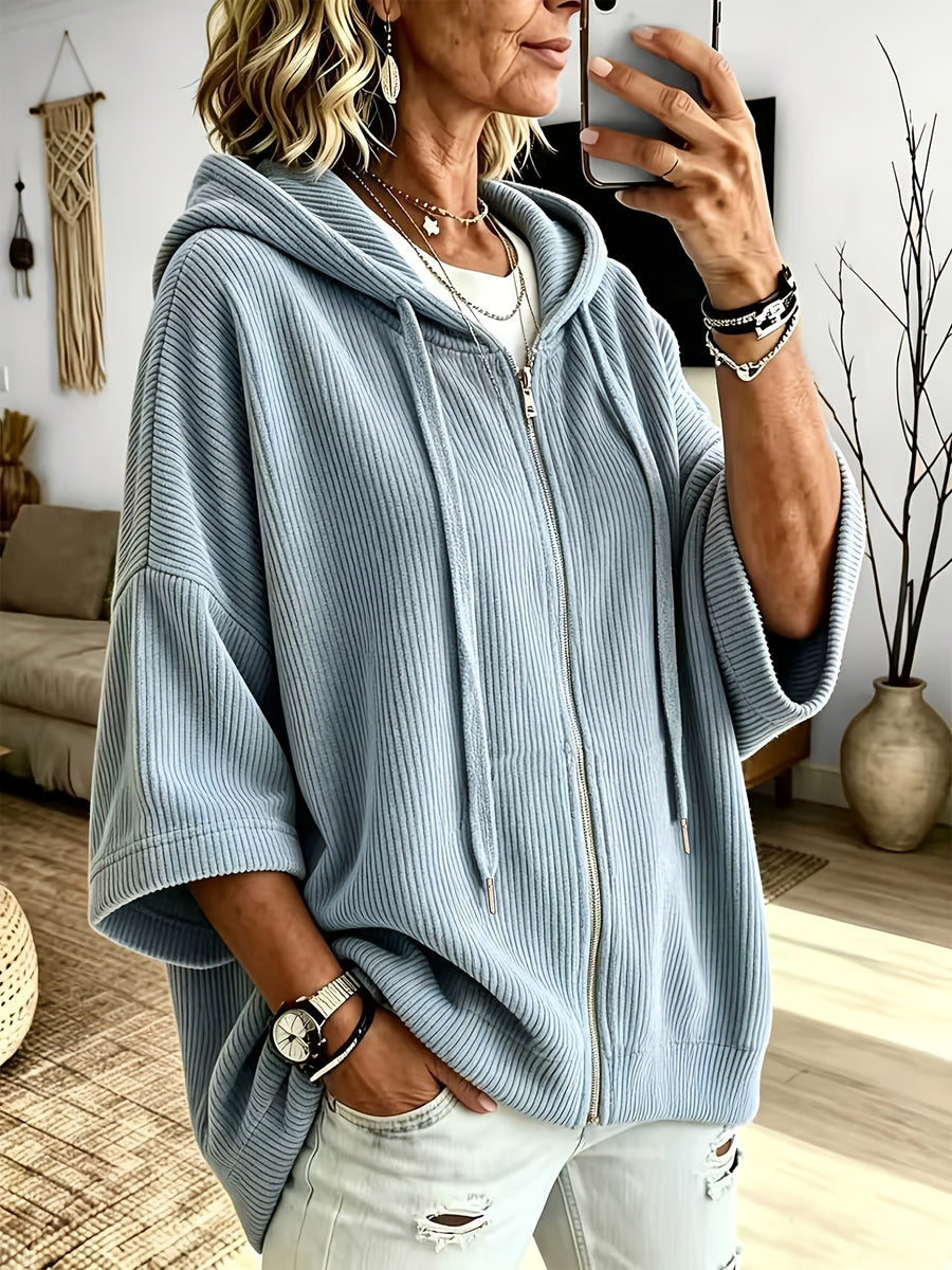 Plus Size, Women's Plus Size Corduroy Casual Drawstring Hooded Sweatshirt Top, Classic Versatile Hooded Top Elegant Women's Jacket, Loose Fit Comfortable Sweatshirt Jacket, Suitable for Commuting and Casual Wear - Light Blue
