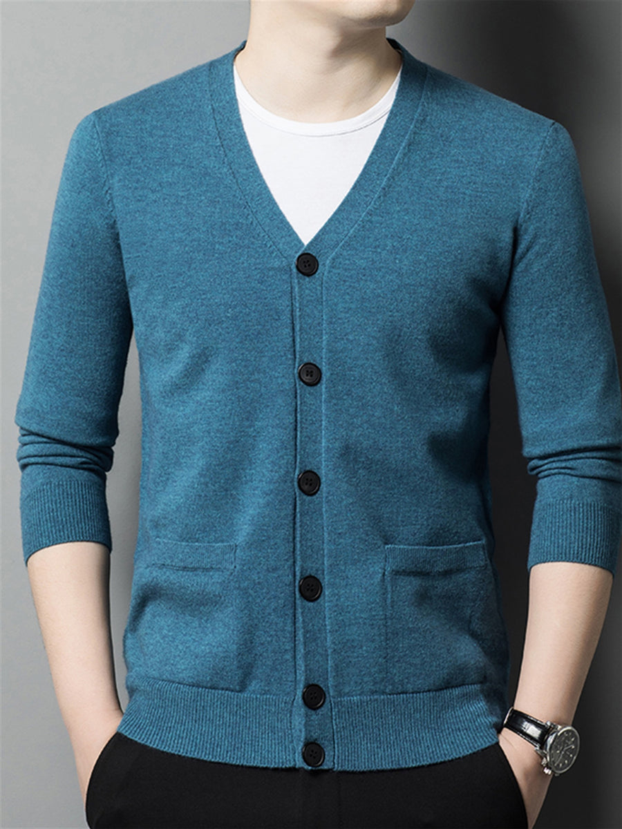 Autumn Winter Knit 3D Solid Color V-Neck Sweater, Basic Knit Cardigan for Men, Fashionable Long Sleeve Sweater, Cangyuan Y - Gray Orchid