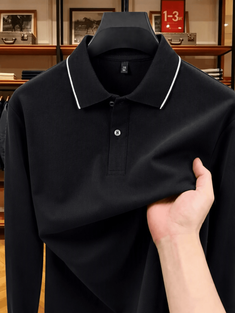 Men'S Clothing Golf Fishing Tennis Sports Solid Color Top Spring Fall Soft Skin Friendly Long Sleeve Polo Shirt Long Sleeve T Shirt New Autumn Business Casual Turn Collar Loose Versatile Pullover Top for Middle-Aged Men - Black