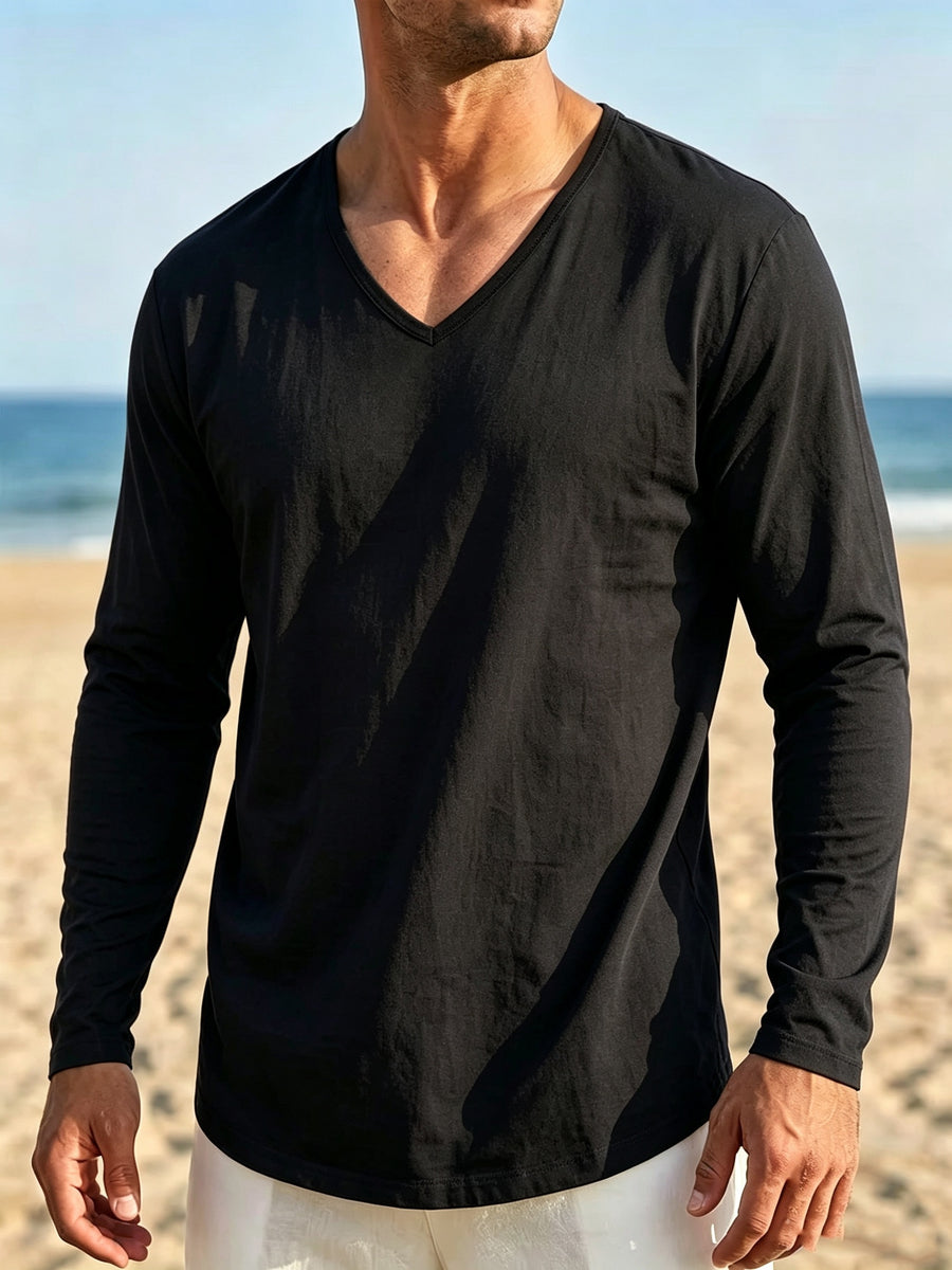 Seaside Vacation Summer Men's V-Neck Long Sleeve Linen Solid Color Casual Long Sleeve T-Shirt - Black