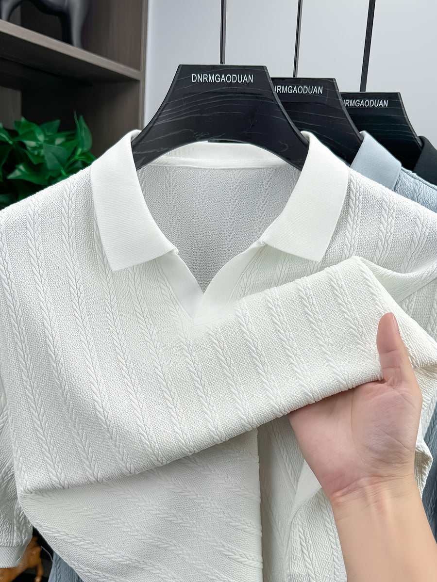 Men's Casual Short-Sleeve Golf Polo Shirt, Featuring a Stylish Jacquard Fabric Design, Suitable for Business, Daily, and Outdoor Wear - White