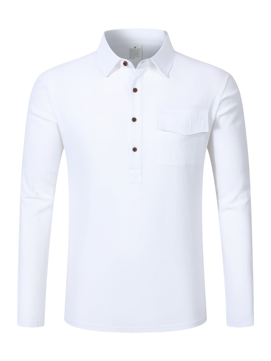 Men'S Pullover Long Sleeve Shirt 2pcs Set, Placket Half-Button Design Linen Shirt, All-Season Casual Commute Vacation Men'S Wear - Yellow+Light White