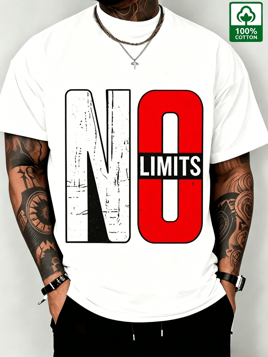NO LIMITS Personalized Letter Print Unisex Short Sleeve, Made of 210G High-Quality Pure Fabric, Soft And Skin-Friendly Breathable, Dyes Keep Colors Fresh for a Long Time. Classic Trendy Brand Style Design Combined with Distressed Worn-Out Print - White