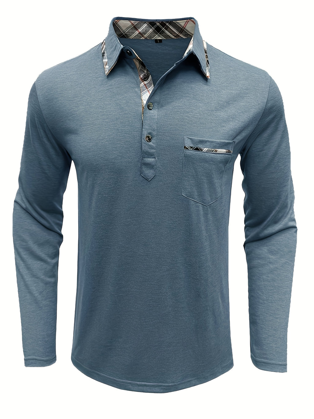 Spring and Autumn Fashion Men's Lapel Pocket Polo Shirt, Solid Color Casual Commuter Pocket Top - Grey