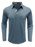 Spring and Autumn Fashion Men's Lapel Pocket Polo Shirt, Solid Color Casual Commuter Pocket Top - Grey