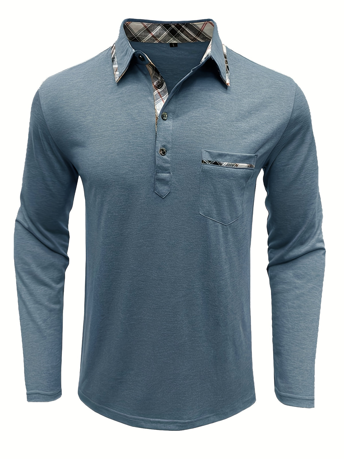 Spring and Autumn Fashion Men's Lapel Pocket Polo Shirt, Solid Color Casual Commuter Pocket Top - Grey
