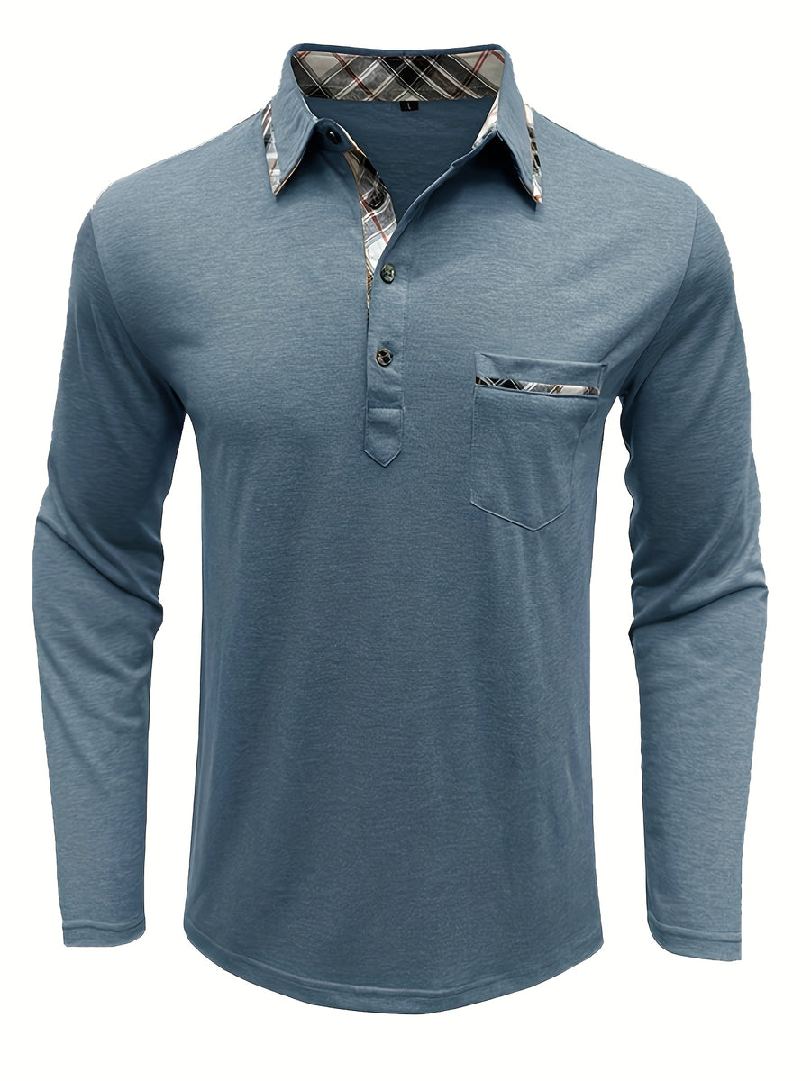 Spring and Autumn Fashion Men's Lapel Pocket Polo Shirt, Solid Color Casual Commuter Pocket Top - Grey
