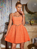 Women's Bright Orange Tartan Check Tweed Square Neck Dress, Sleeveless with Contrast Trim and Waist-cinching A-line Short Skirt, Suitable for Parties, Weddings, and Banquets as a Cocktail Dress - Orange