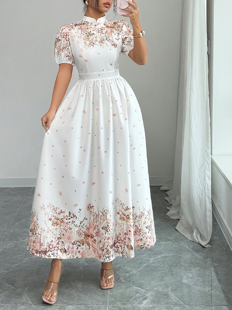 Women's New Summer Elegant Printed Waist-Cinching Puff Sleeve Dress - White