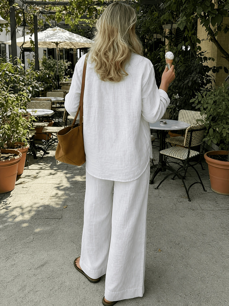 Old Money Style Women'S Pure Elegant Outfit, Suitable for Spring/Summer And Holidays | 2pcs Casual Set, Shirt And Wide-Leg Pants - White
