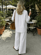 Old Money Style Women'S Pure Elegant Outfit, Suitable for Spring/Summer And Holidays | 2pcs Casual Set, Shirt And Wide-Leg Pants - White