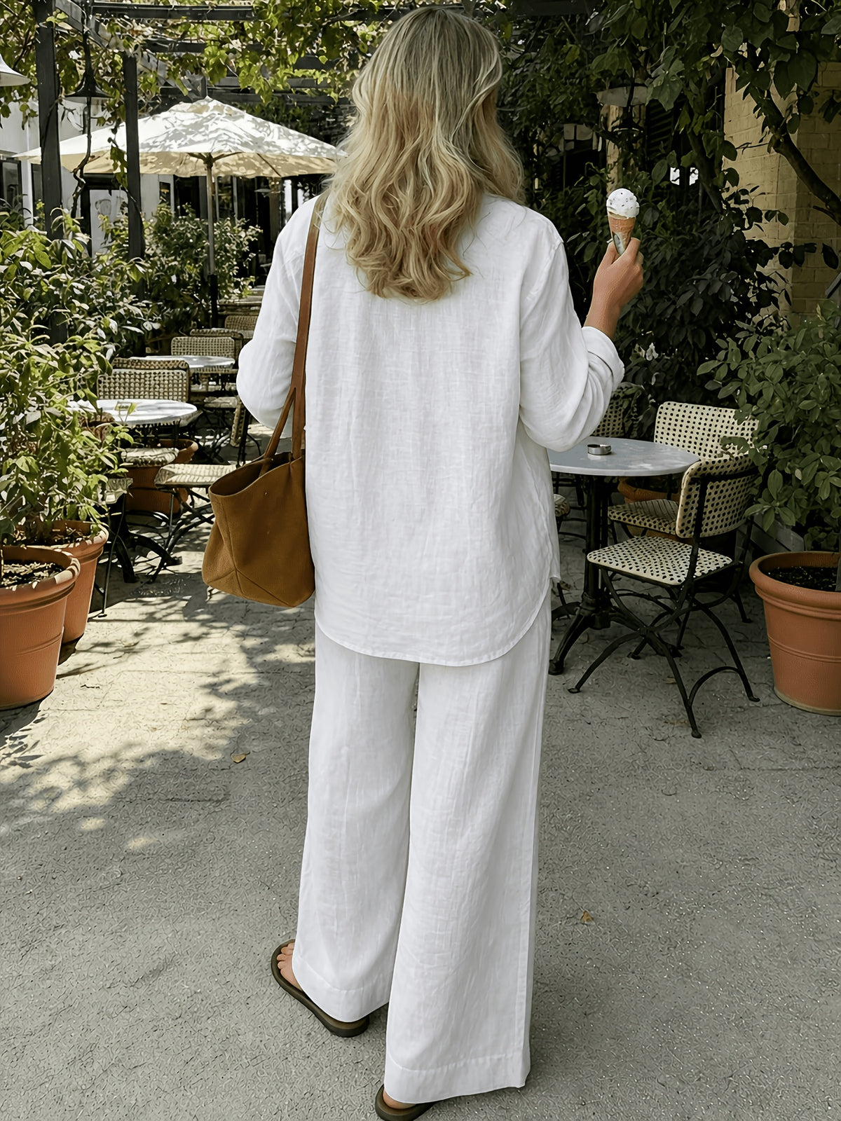 Old Money Style Women'S Pure Elegant Outfit, Suitable for Spring/Summer And Holidays | 2pcs Casual Set, Shirt And Wide-Leg Pants - White