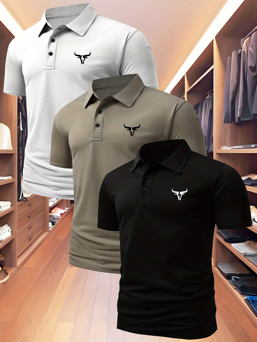 3pcs Value Pc, Summer Short-sleeve Polo Shirt! New Jacquard Fabric, Quick-drying, Lightweight and Breathable, Easy to Wash and Dry Quickly. Men's Color-blocked Cool and Comfortable Polo Shirt with Lapel, for Sports and Casual Wear. Men's Short-sleeve - White card black