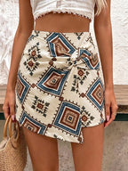 Vintage Geometric Pattern Tie-up Irregular Mid-length Shorts - Mixed colors