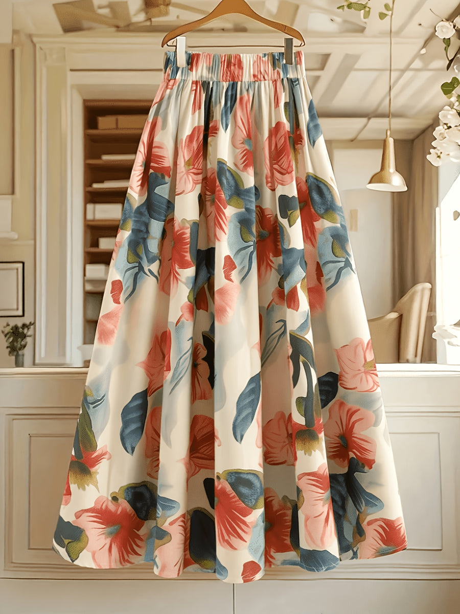 Cherry Summer Vintage Floral Print Pleated Maxi Skirt, High-Waisted Elastic Waistband Skirt with a Flowing Drape - Multicolor