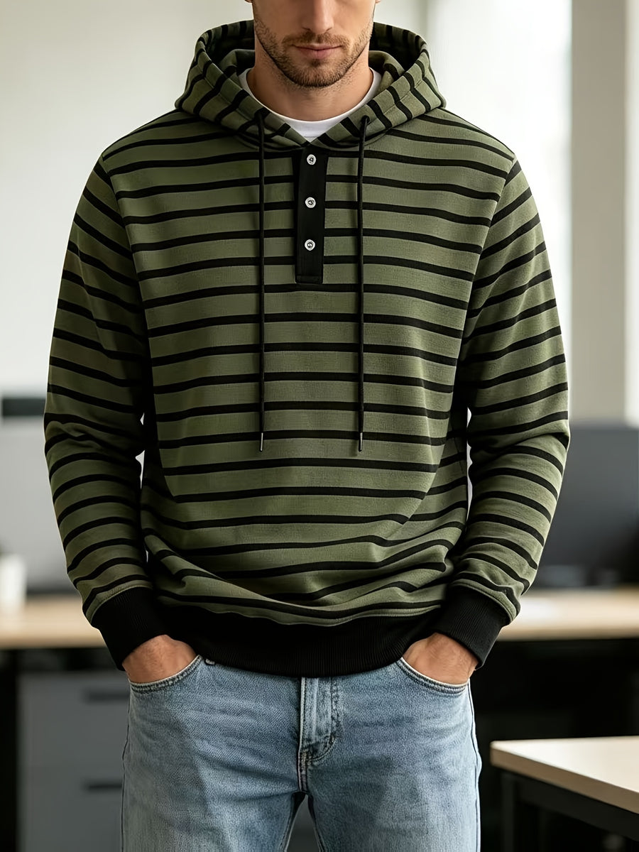 2026 New Men'S Striped Hooded Sweatshirt, Half-Button Drawstring Hoodie, Casual Long Sleeve Pullover Top - Military Green
