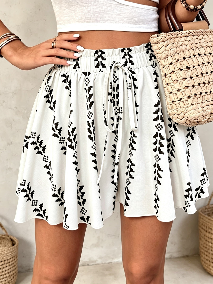 Women'S Elegant Front-Tie Bow Full Print Casual Skort, Suitable for Casual, Vacation, And Daily Multi-Occasion Wear, Elastic Waist - Off-white
