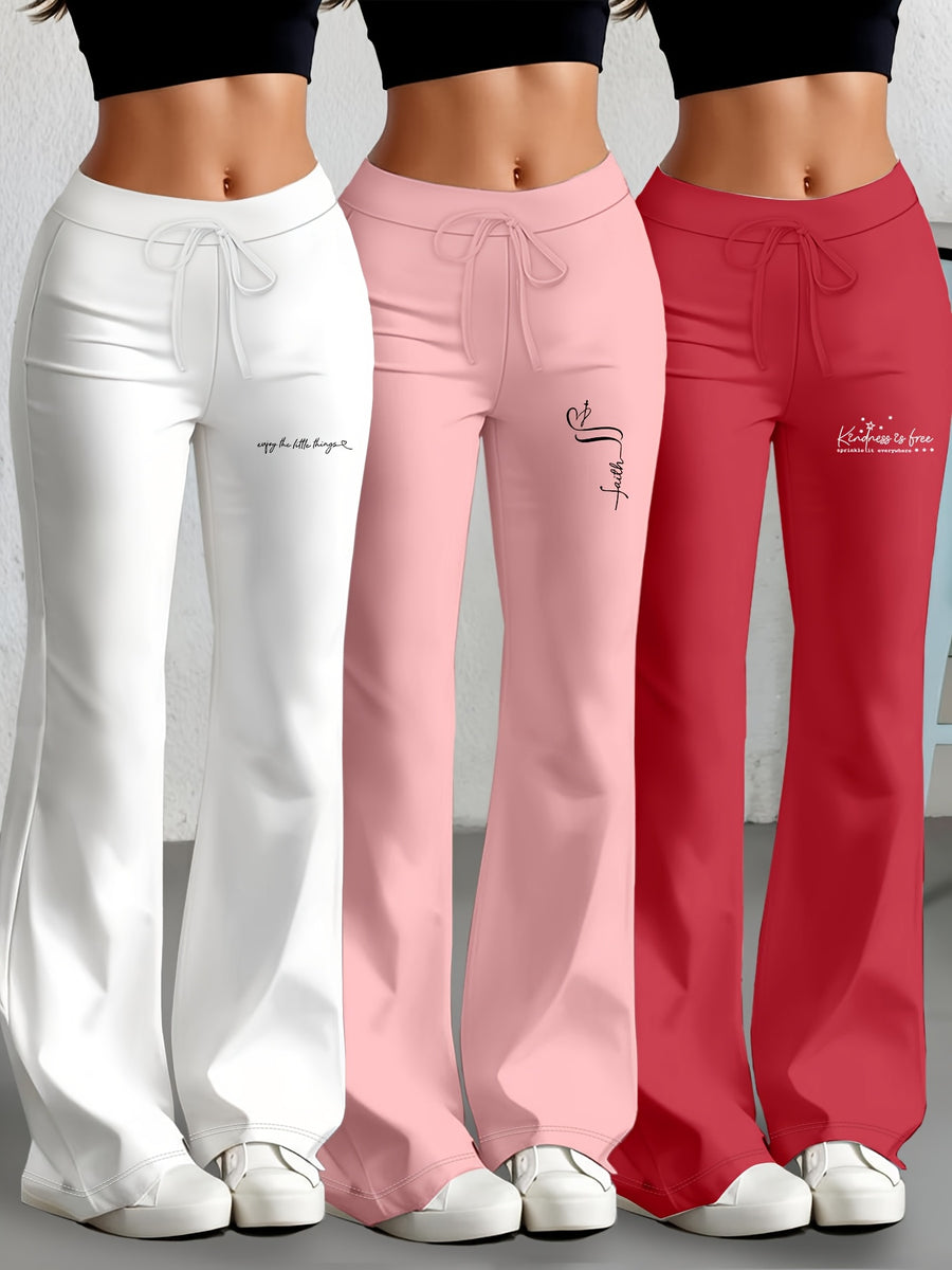 European and American Spring/Summer New Fashion Women's Bottoms: Flared Straight-Leg Pants with Classic English Text Print, Daily Casual Butt-Lifting Peach Butt Long Pants, Three-Piece Set - White+pink+red